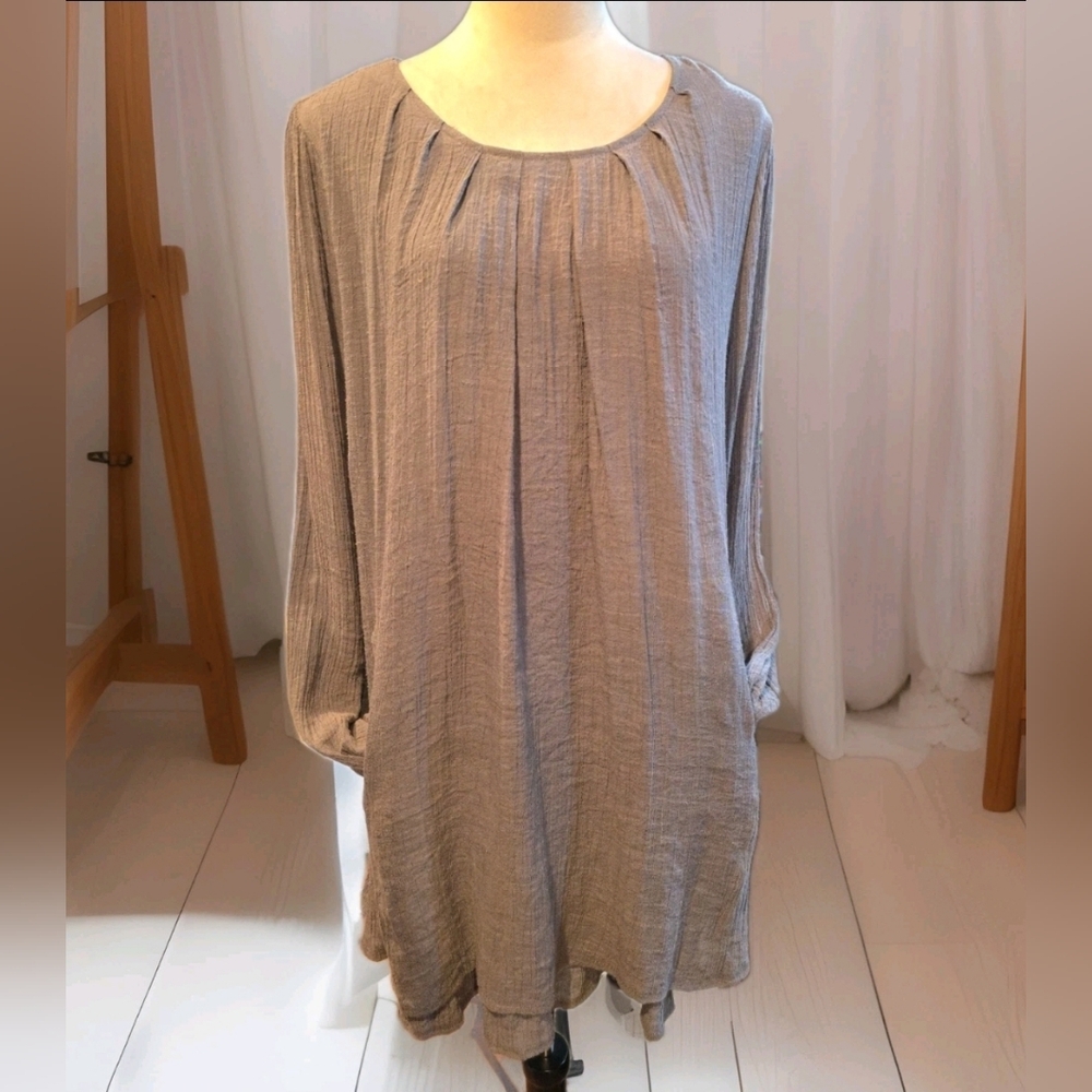Flowy Long Sleeve Tunic Top Or Boho Dress Grey Taupe
